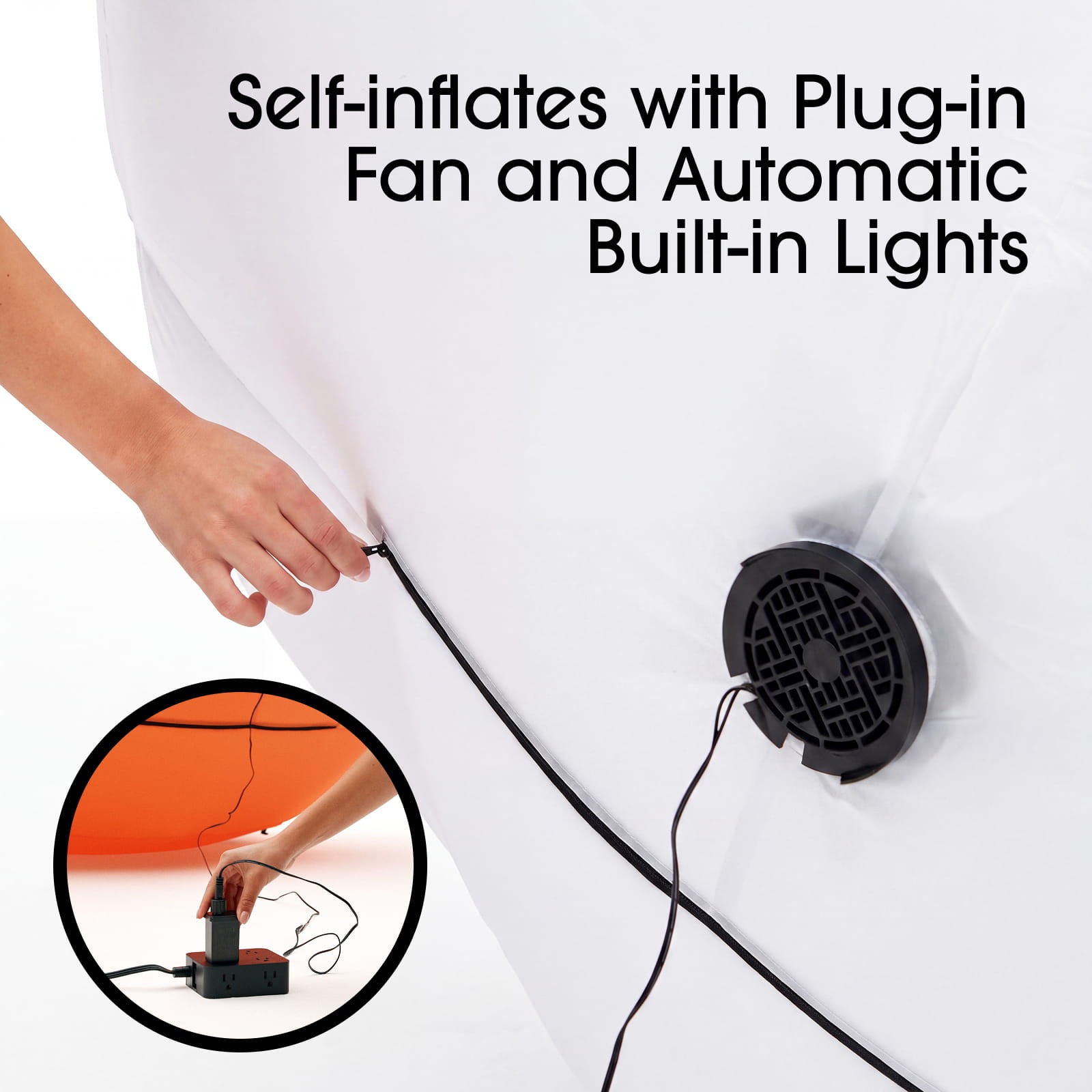 A white dome tent or canopy with a hand attaching a black plug-in fan hose, plus text reading 'Self-inflates with Plug-in Fan and Automatic Built-in Lights' and a circular inset showing the plug-in fan setup.