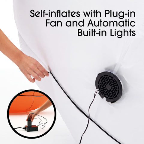 A white dome tent or canopy with a hand attaching a black plug-in fan hose, plus text reading 'Self-inflates with Plug-in Fan and Automatic Built-in Lights' and a circular inset showing the plug-in fan setup.