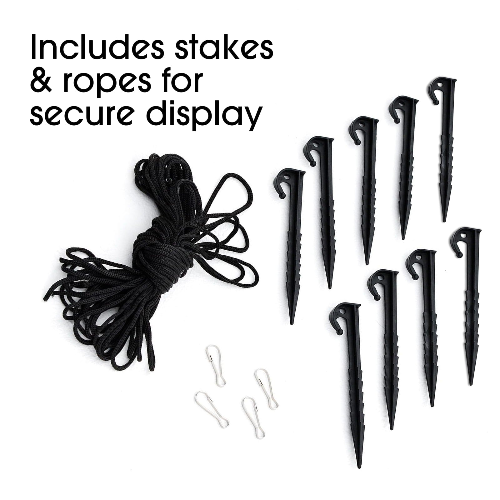 Black display stakes and black rope with small silver clips, shown on a white background with the text 'Includes stakes & ropes for secure display'.