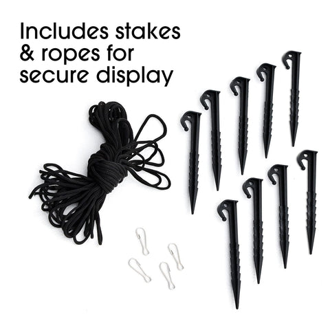 Black display stakes and black rope with small silver clips, shown on a white background with the text 'Includes stakes & ropes for secure display'.