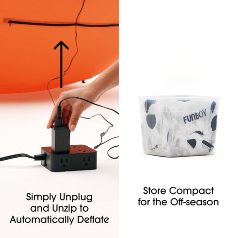 A split promotional image showing a deflation kit in use and storage. The left side shows a hand unplugging a black power adapter from an orange inflatable pool, with text reading 'Simply Unplug and Unzip to Automatically Deflate.