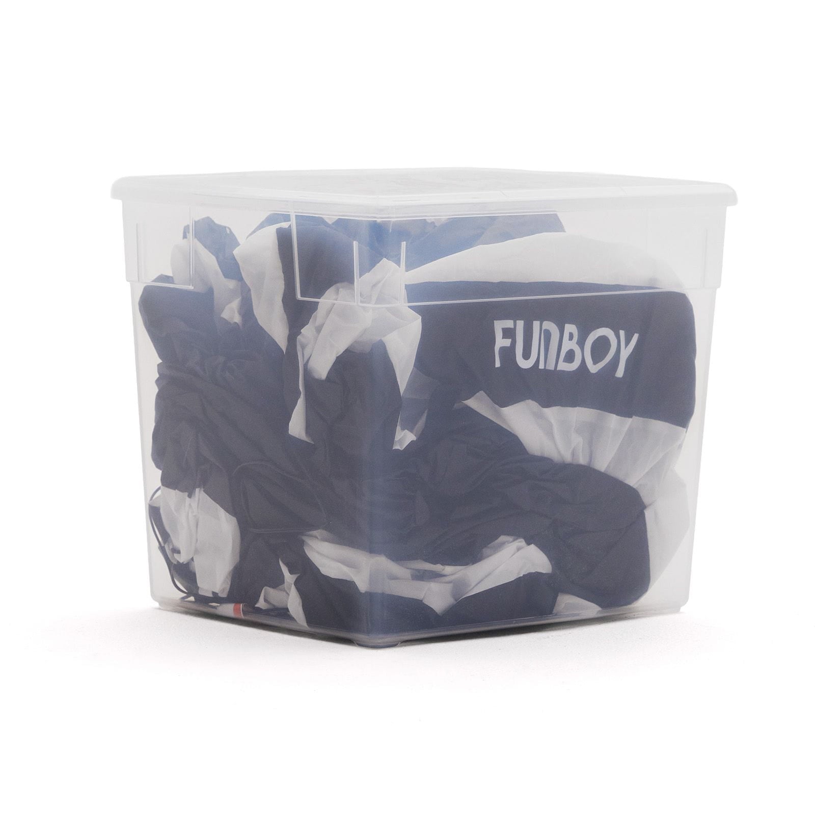 A clear plastic storage bin with a transparent lid containing a pile of dark navy and white garments. A navy fabric tag with the word 'FUNBOY' in white is visible inside the bin, set against a plain white background.