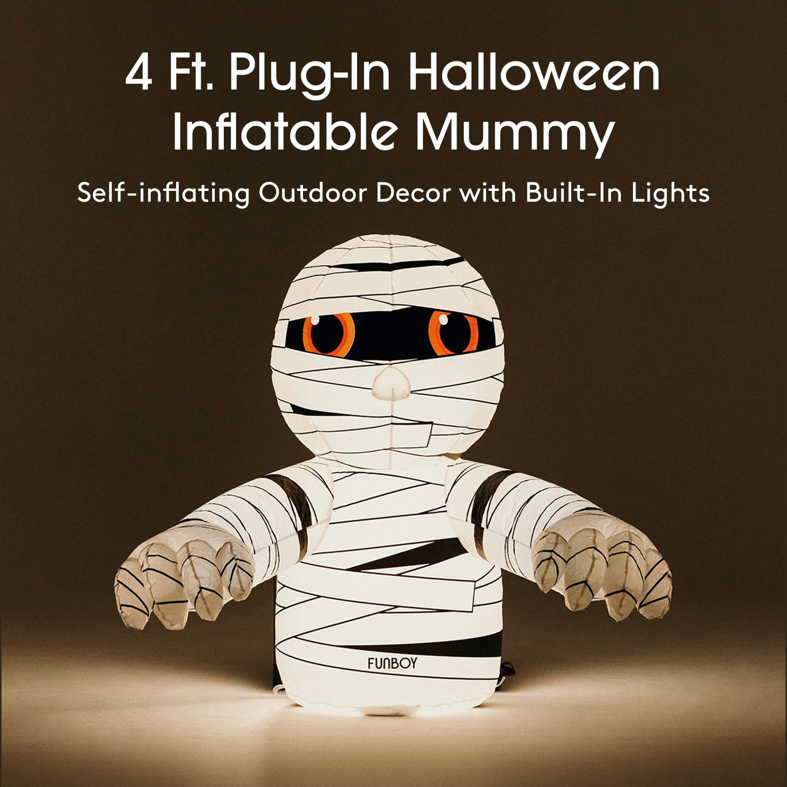 A 4-foot plug-in inflatable mummy Halloween decor light by FUNBOY, shown glowing against a dark brown background with product text at the top.