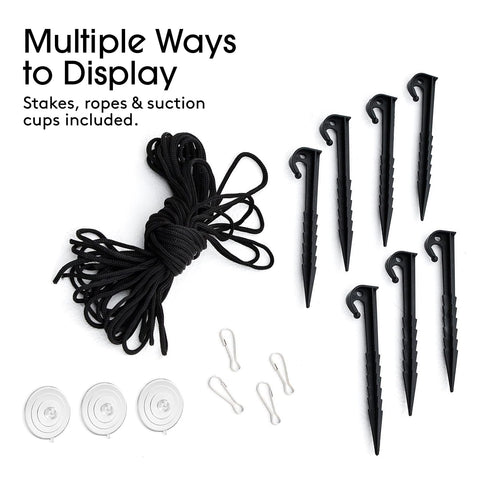 Black display ropes, black ground stakes, white suction cups, and white clips arranged on a white background with the text 'Multiple Ways to Display' and 'Stakes, ropes & suction cups included.'.