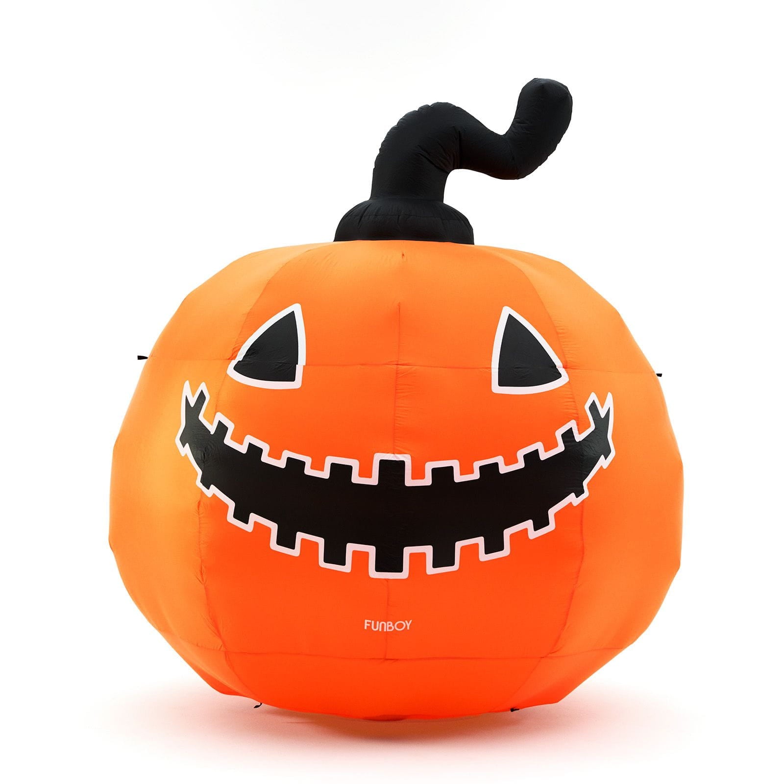 An inflatable orange jack-o'-lantern pumpkin decoration with a black stem, triangular eyes, and a large stitched grin outlined in white. The word 'Funsoy' is printed near the bottom front.