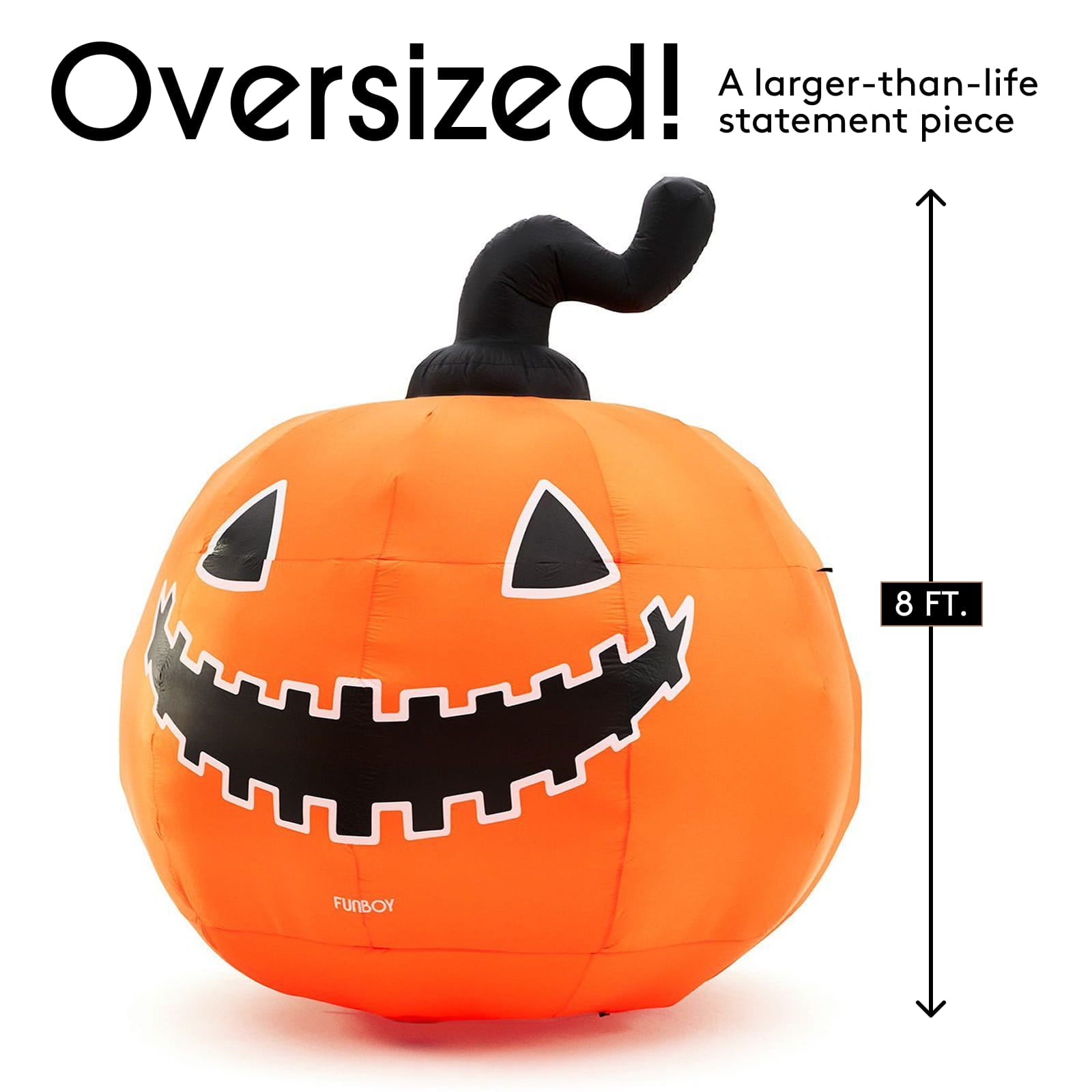 An oversized inflatable orange jack-o'-lantern statement piece with a black stem and carved face, shown on a white background with text reading 'Oversized!' and a height marker of 8 ft.