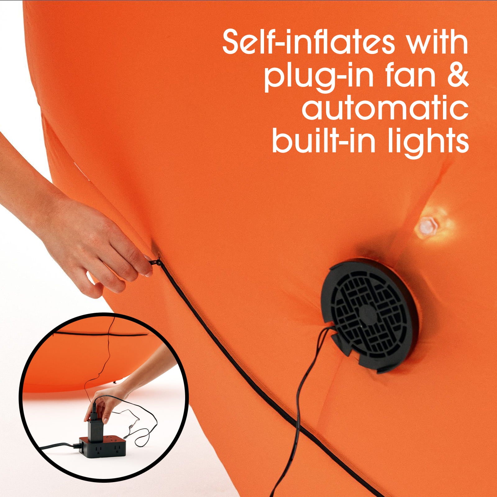 An orange inflatable balloon or sleeping bag is being held by a hand, with white text reading 'Self-inflates with plug-in fan & automatic built-in lights' and a circular inset showing the plug-in fan and cord connection.