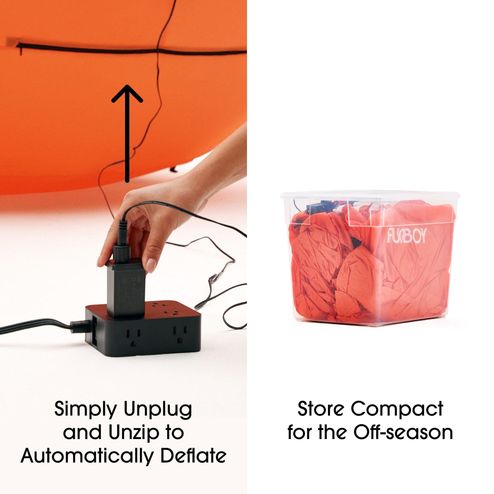 A split promotional image showing a red inflatable product: on the left, a hand unplugs a power strip while an arrow indicates the item automatically deflates; on the right, the red item is stored compactly inside a clear plastic container. Text reads 'Simply Unplug and Unzip to Automatically Deflate' and 'Store Compact for the Off-season.