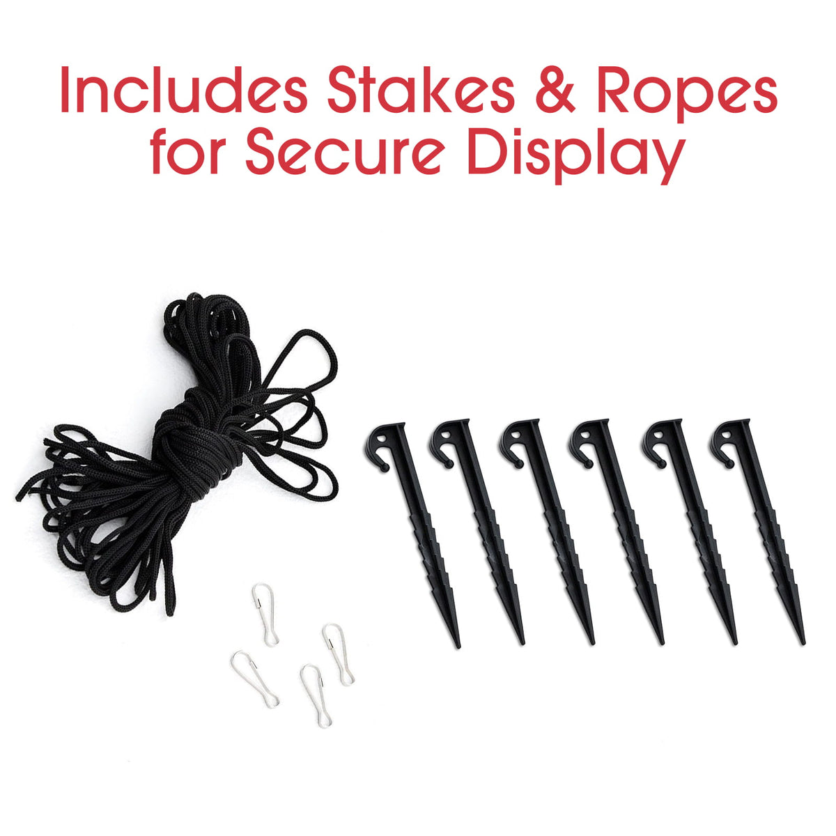 Black rope display ties with six black ground stakes and four silver metal clips, arranged on a white background with red text reading 'Includes Stakes & Ropes for Secure Display'.