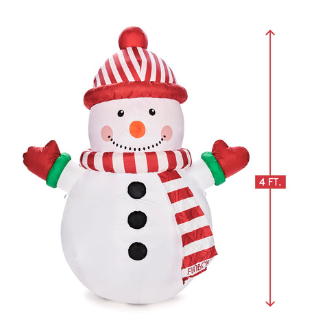Inflatable snowman decoration with a red and white striped hat, scarf, and mittens, green cuffs, black buttons, and a red nose, shown on a white background with a 4-foot height marker.