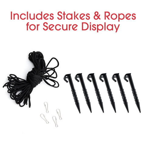 Black rope display ties with six black ground stakes and four silver metal clips, arranged on a white background with red text reading 'Includes Stakes & Ropes for Secure Display'.