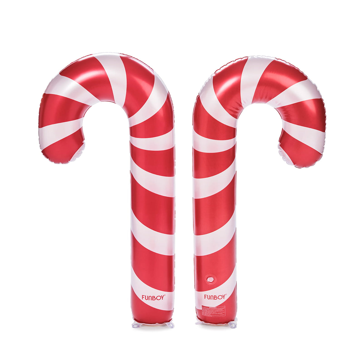 Two inflatable candy cane pool floats with red and white stripes, standing upright on a white background.