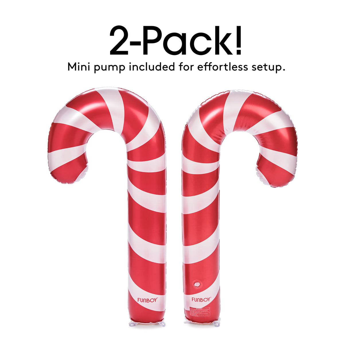 Two inflatable candy cane pool floats with red and white stripes, shown on a white background with text reading '2-Pack! Mini pump included for effortless setup.'.