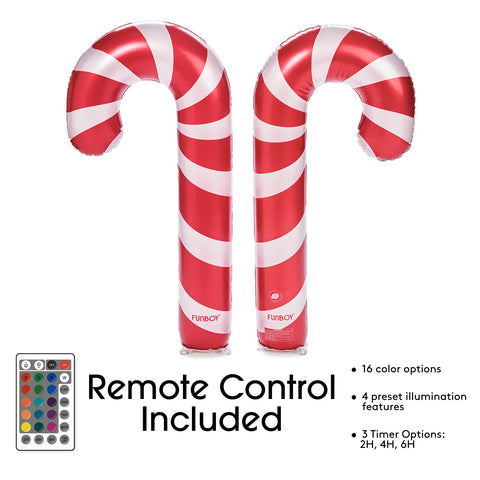 Two inflatable candy cane balloons with red and white stripes on a white background, shown with a remote control graphic and text stating 'Remote Control Included' and feature bullet points.