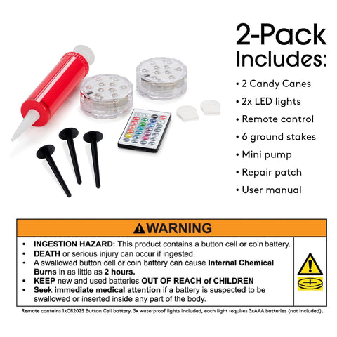 A 2-pack button cell battery kit shown on a white background with text listing included items and a large safety warning. The kit includes a red squeeze tube, a remote control, several small round button cells, three black screw-in electrodes, and other accessories.