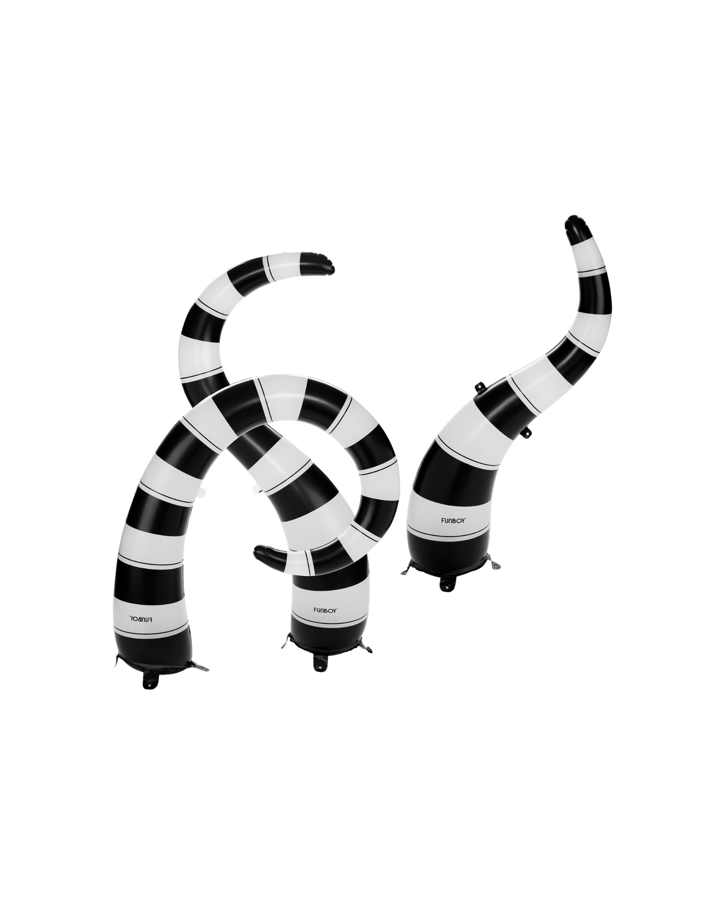 Two inflatable black and white striped serpents on a white background