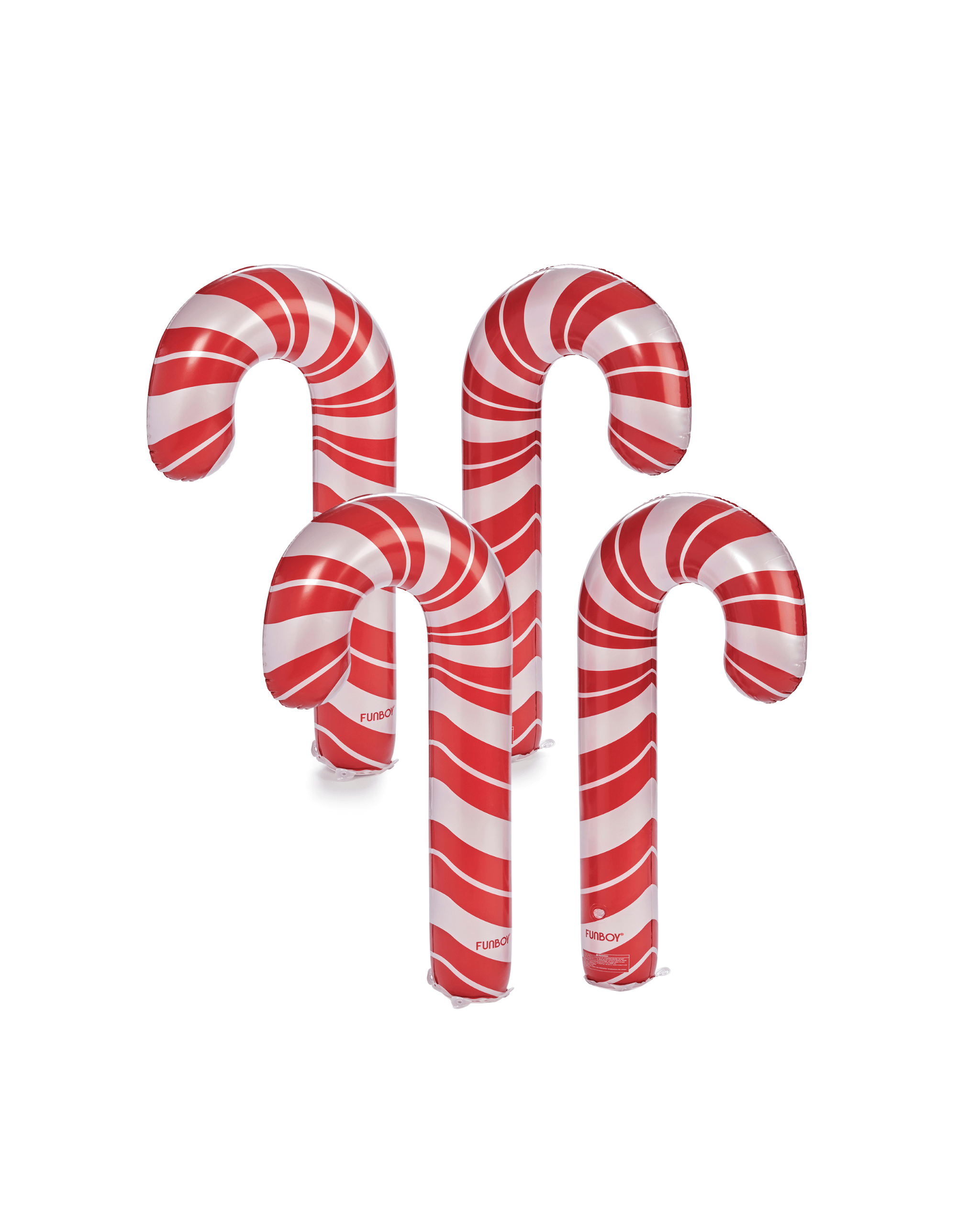 Four inflatable candy canes with red and white stripes on a white background