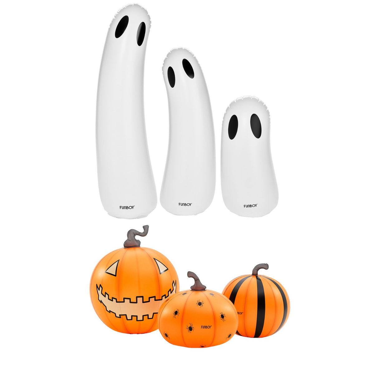 Three white inflatable ghost decorations with black eyes are shown above three orange inflatable pumpkins with Halloween faces and stripes, all on a plain white background.
