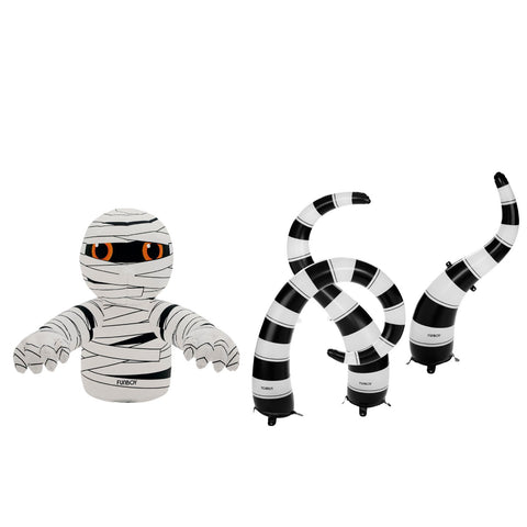An inflatable mummy decoration shown assembled on the left and deflated into three separate inflatable parts on the right, against a plain white background.