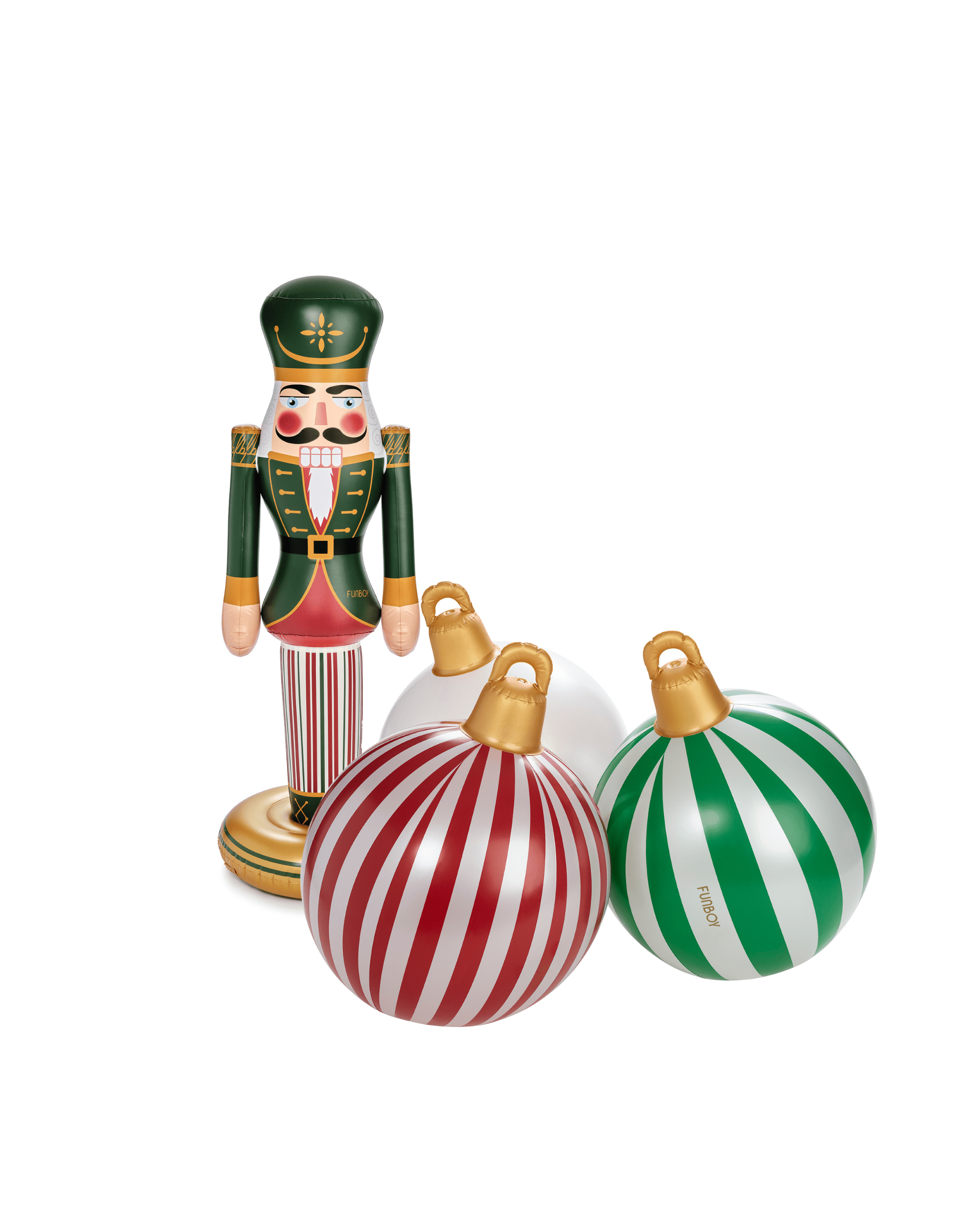 Inflatable Nutcracker with striped Christmas ornaments on a white background