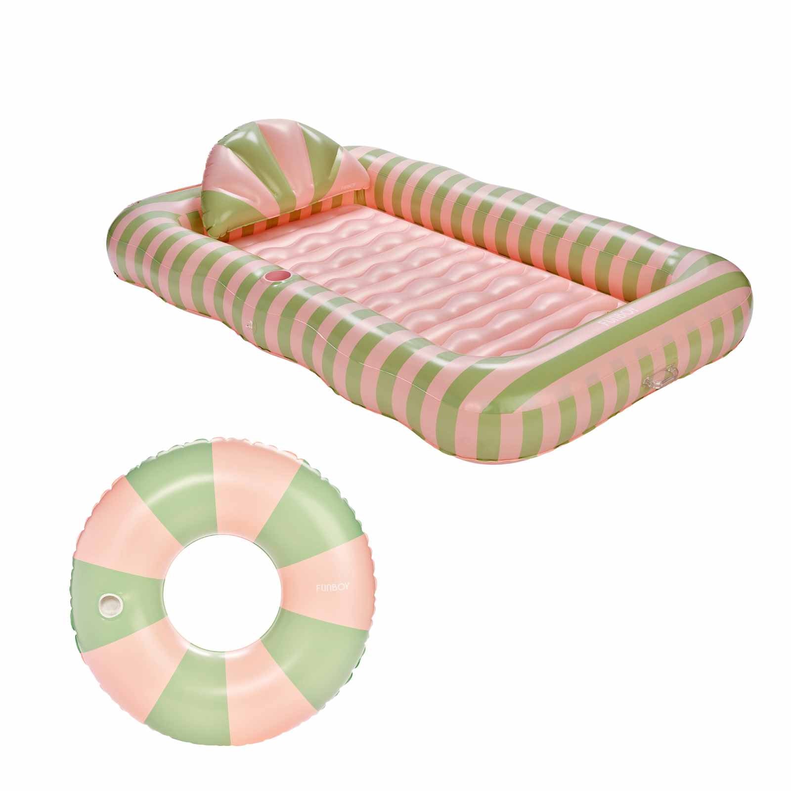 Inflatable pink and green striped tanning pool float lounger on a white background