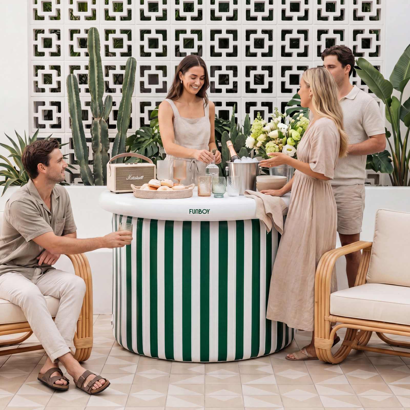 Group of people gathered around a green and white striped bar in an outdoor setting with plants and a geometric wall design.