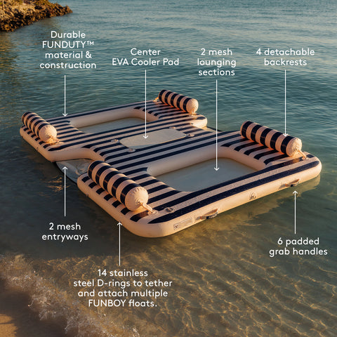 FUNBOY Inflatable Party Island Dayclub.  Text overlay reads: Durable FUNBOY FUNDUITY™ material and construction for enhanced stability and long-lasting performance
Center EVA cooler pad keeps beverages and essentials within easy reach
Two mesh lounging sections allow partial in-water seating for cooling comfort
Four detachable backrests provide customizable support and flexible seating arrangements
Two mesh entryways create easier water access and boarding from multiple sides
Fourteen stainless steel D-ring