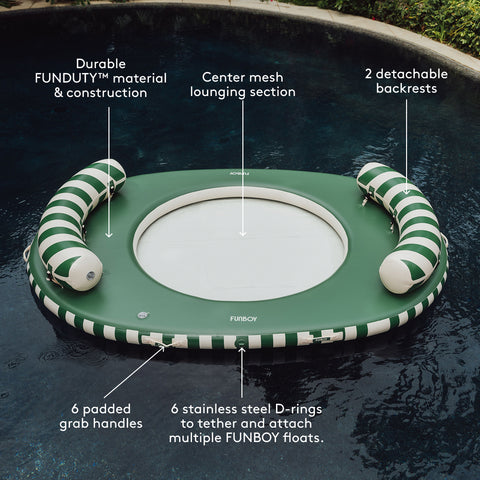 Green pool float with striped handles on water, featuring text labels about its features.