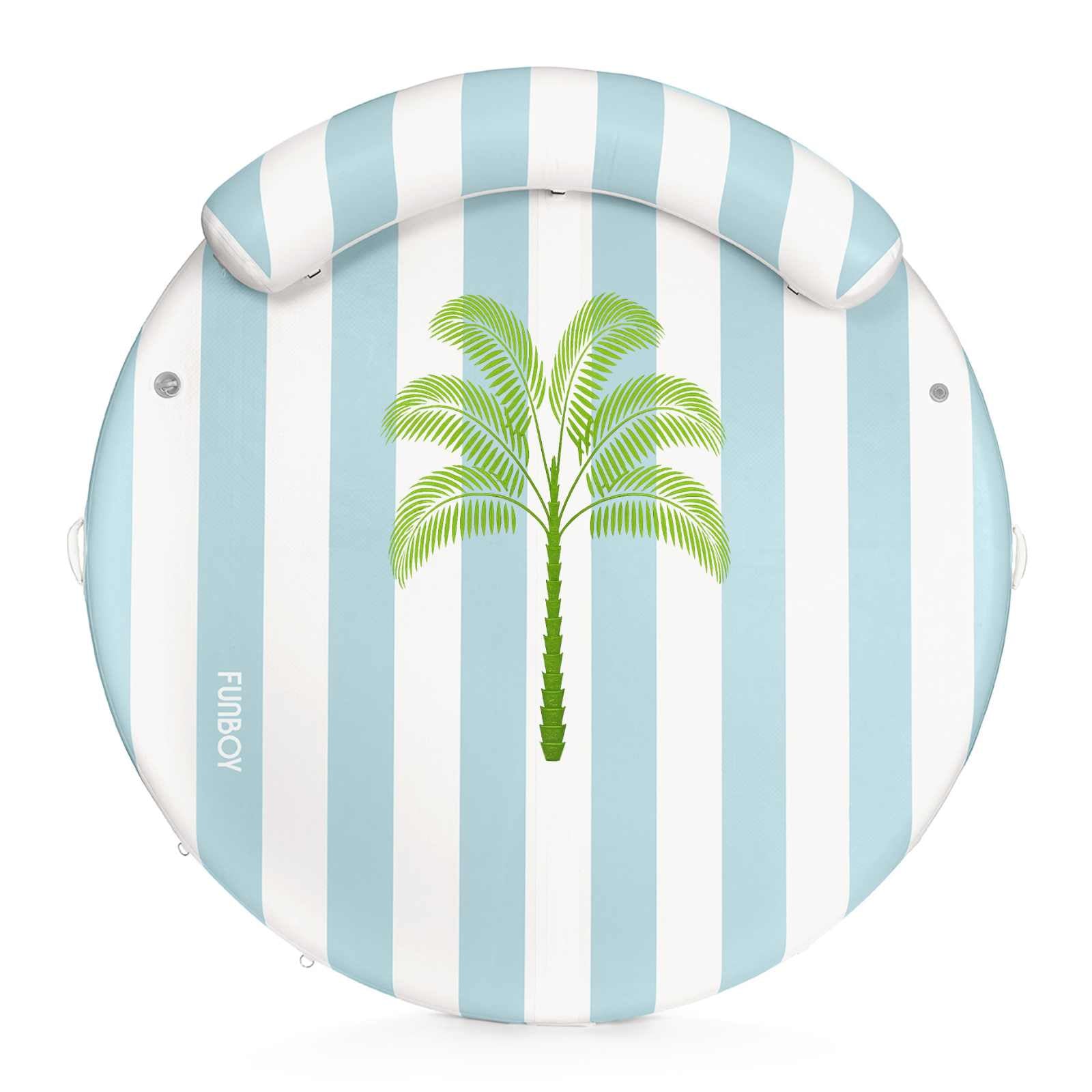 Inflatable pool float with blue and white stripes and a palm tree design, featuring the brand 'Funboy'.