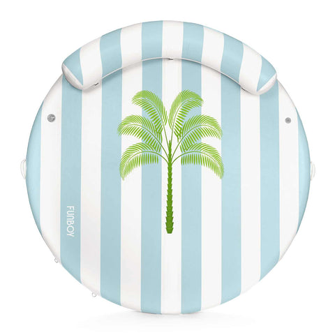 Inflatable pool float with blue and white stripes and a palm tree design, featuring the brand 'Funboy'.