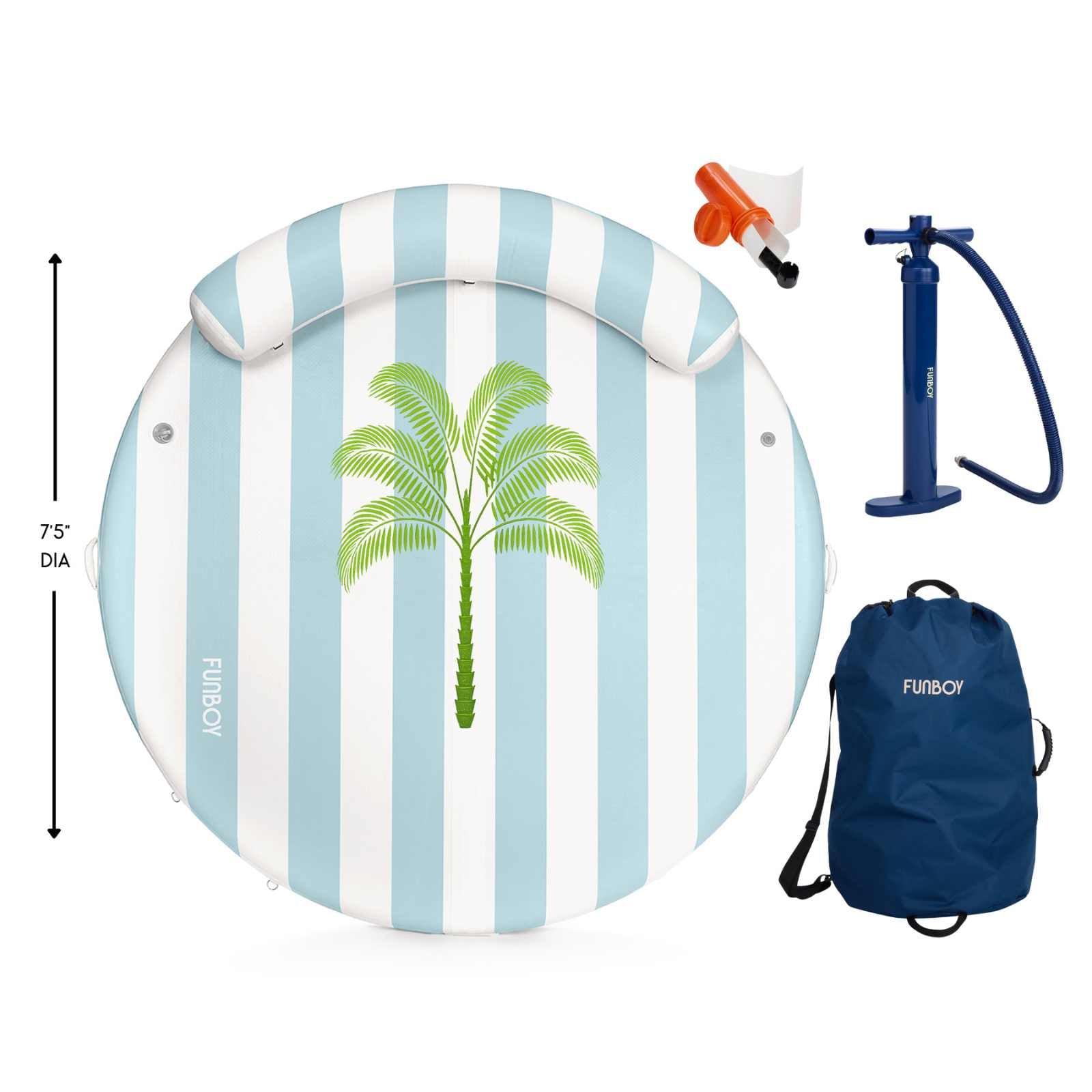 Inflatable pool float with palm tree design, pump, and carrying bag on a white background