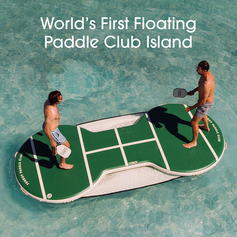 Floating paddle club island with two people playing paddle ball on a pool. Text reads: World First Floating  Paddle club Island.