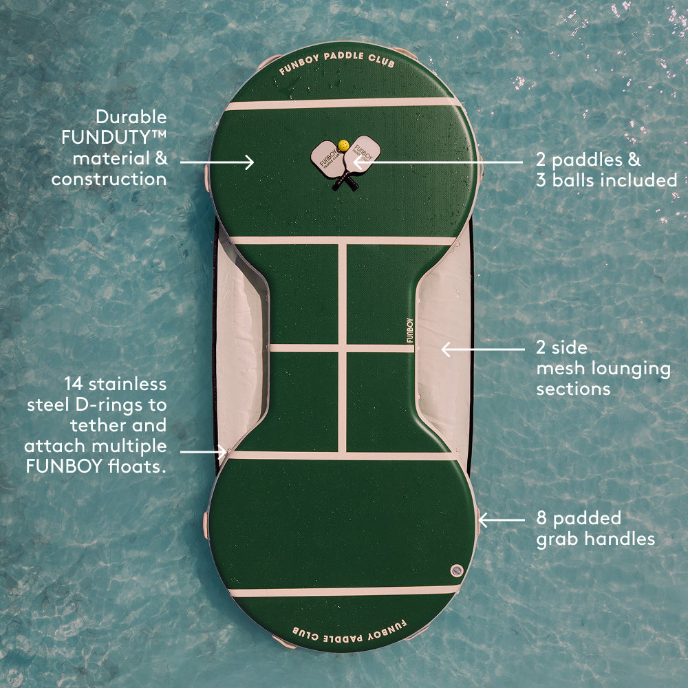 Green paddle board with features labeled on a blue textured background