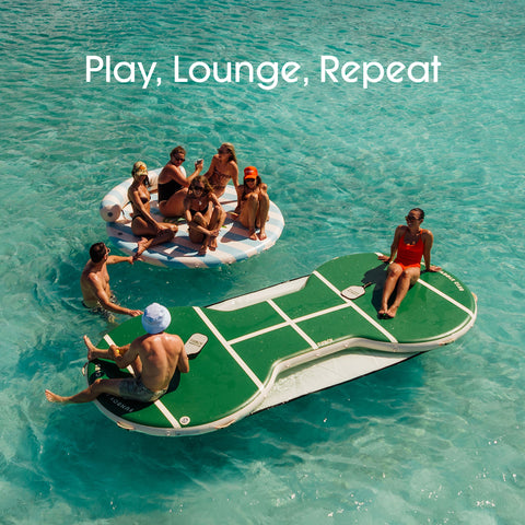 People on inflatable platforms in clear blue water with 'Play, Lounge, Repeat' text.