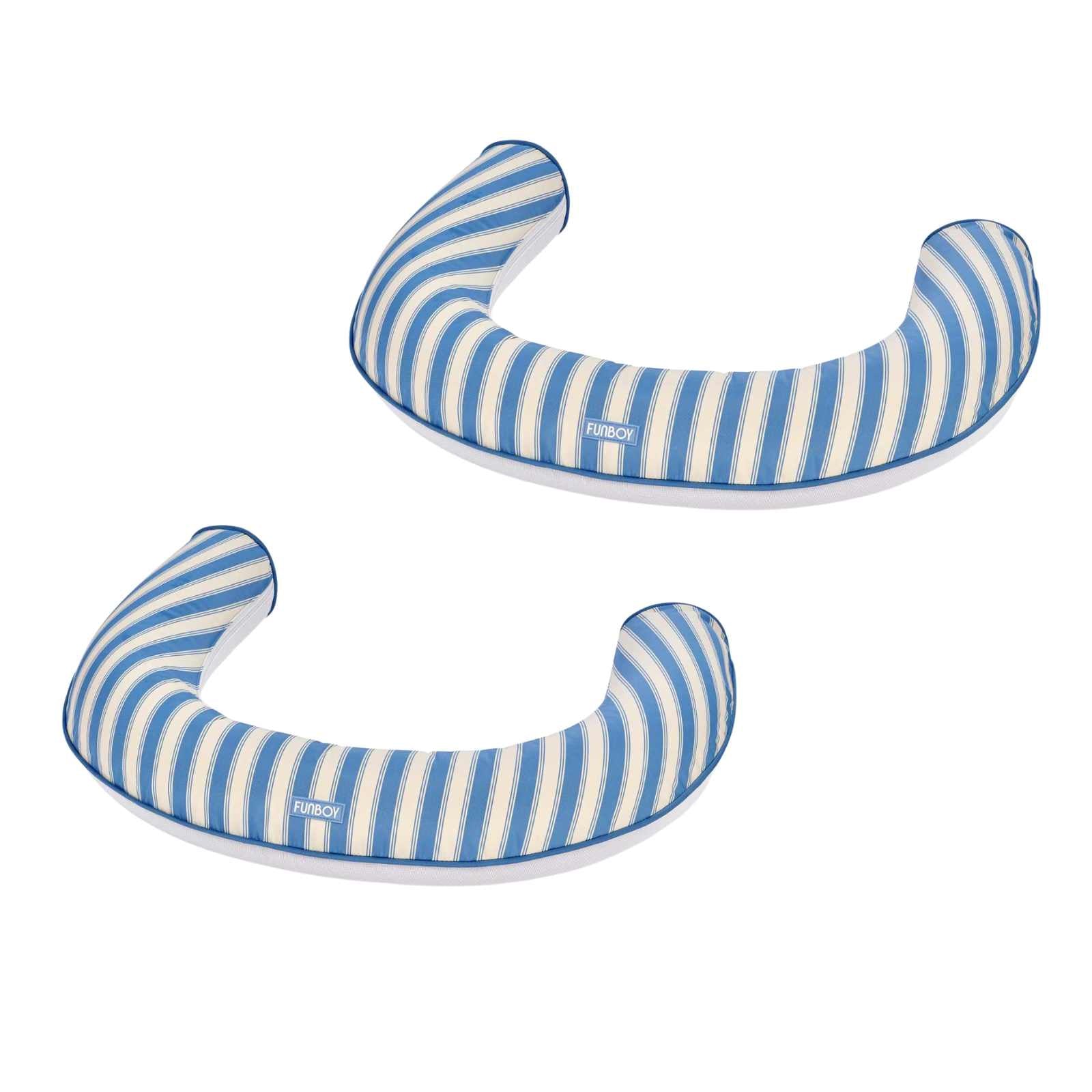 Two blue and white striped neck pillows on a white background