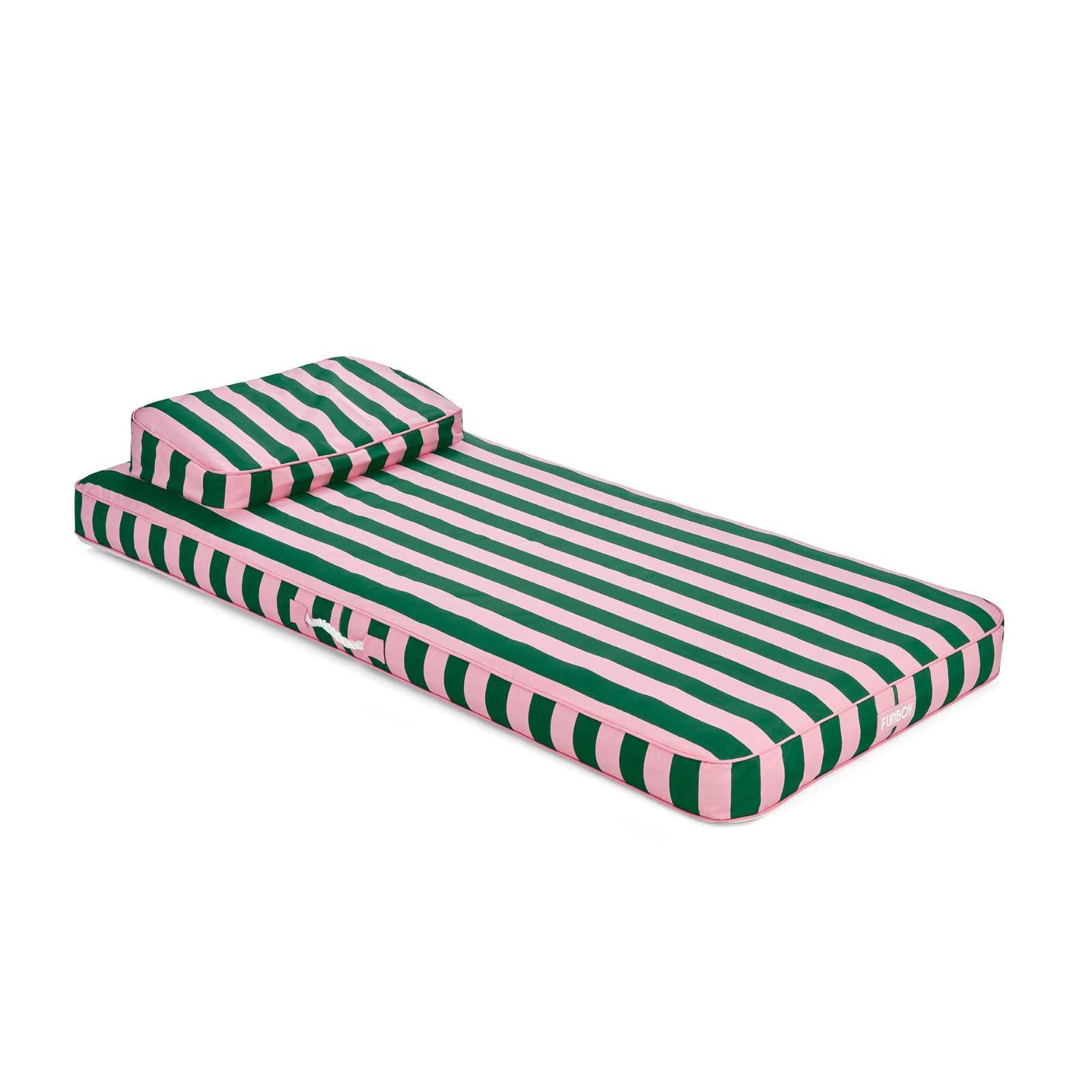 Green and pink striped inflatable pool float on a white background