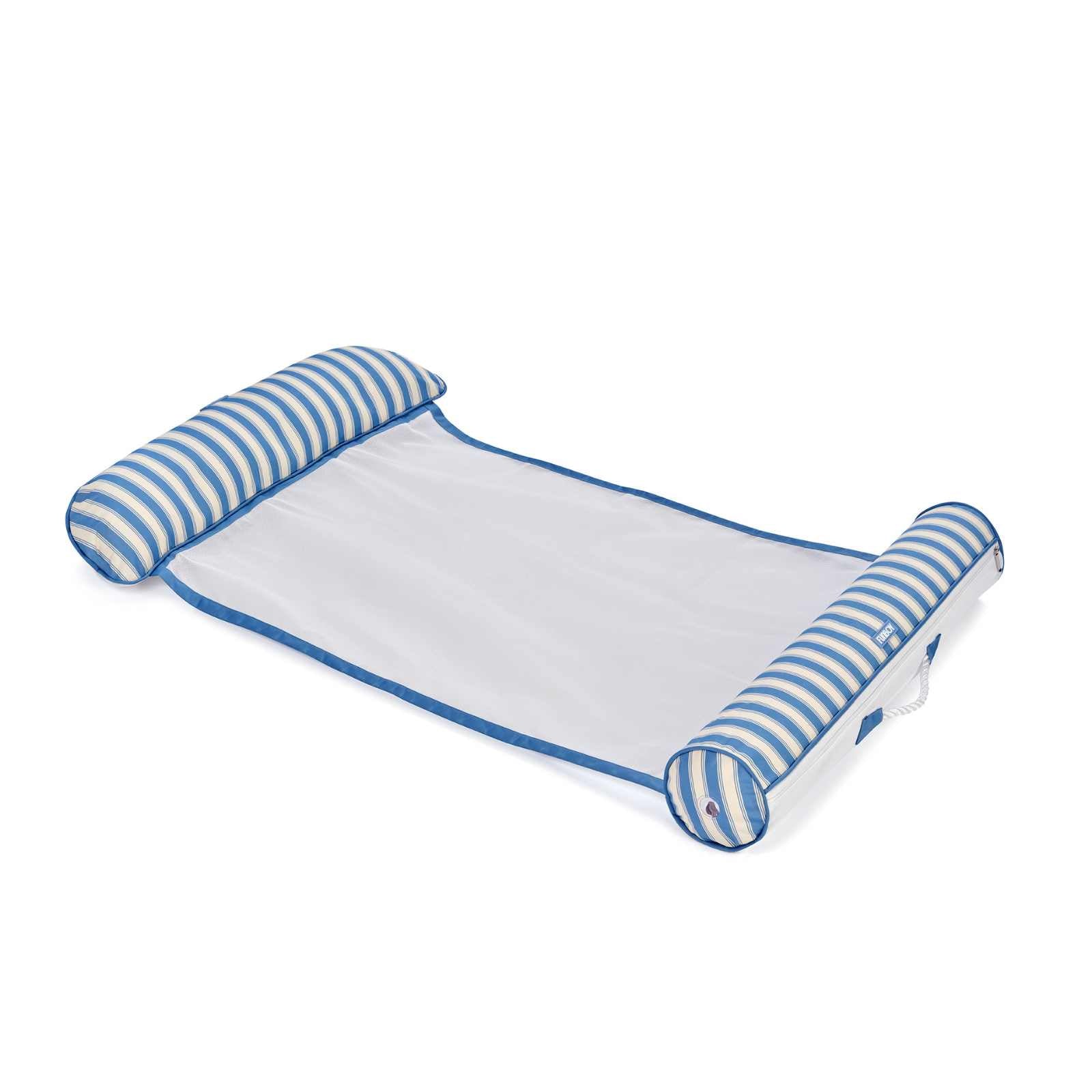 Inflatable pool float with blue and white striped sides on a white background