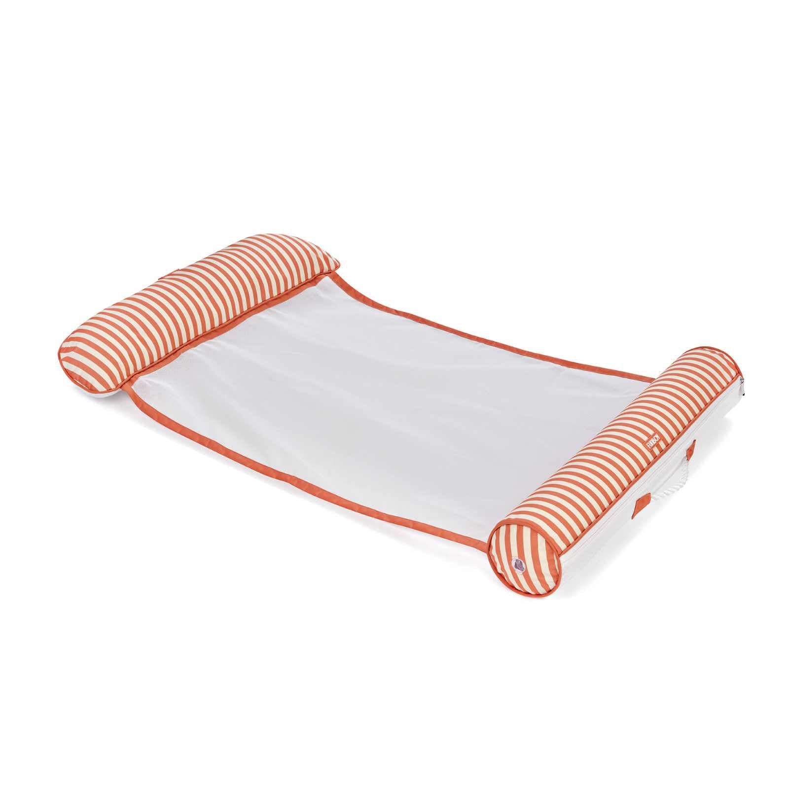 Inflatable pool float with striped sides on a white background
