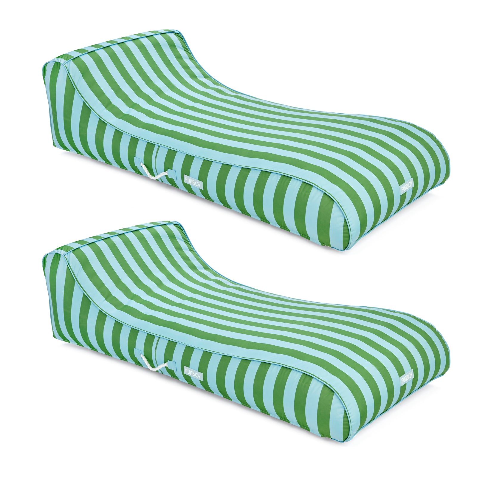 Two green and light blue striped lounge cushions on a white background