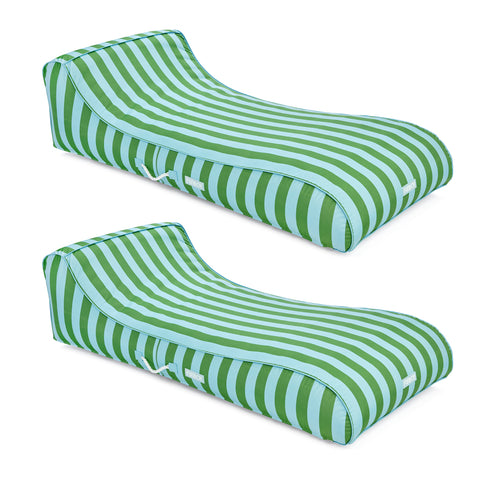 Two green and light blue striped lounge cushions on a white background