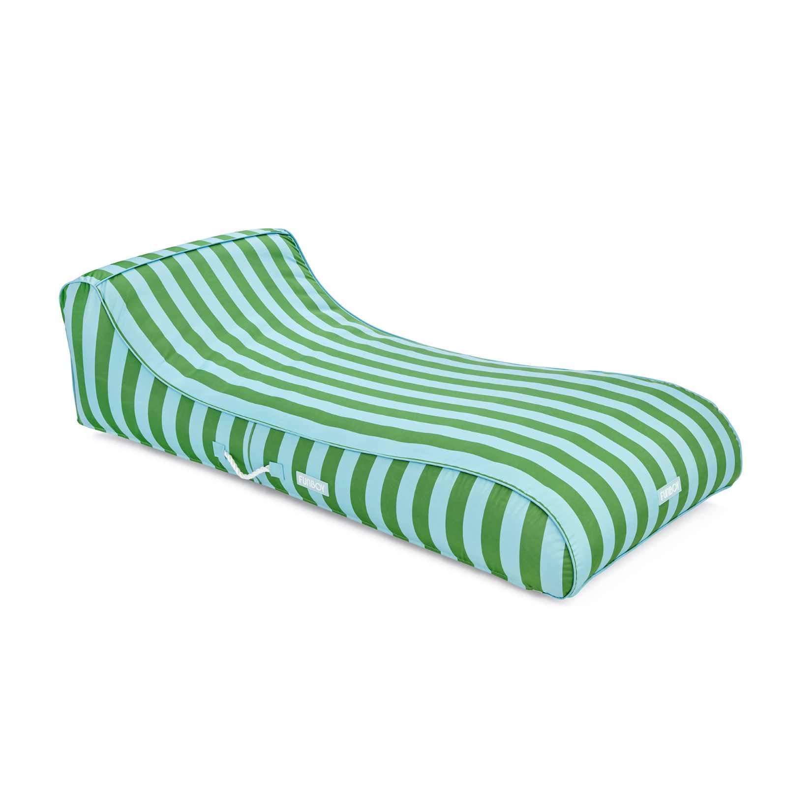Green and blue striped fabric lounge pool float on a white background