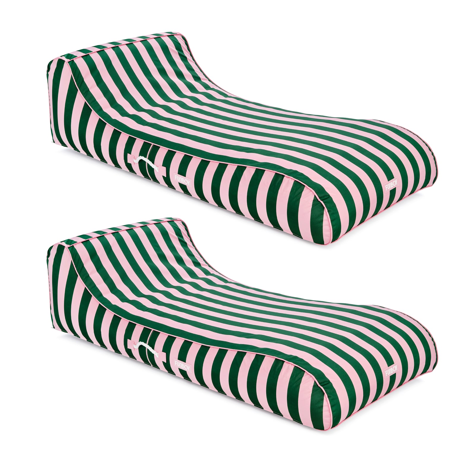 Two green and pink striped cushions on a white background