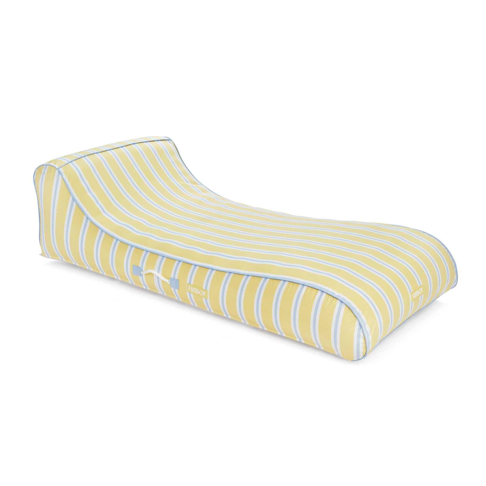 Yellow and white striped fabric pool float lounger on a white background