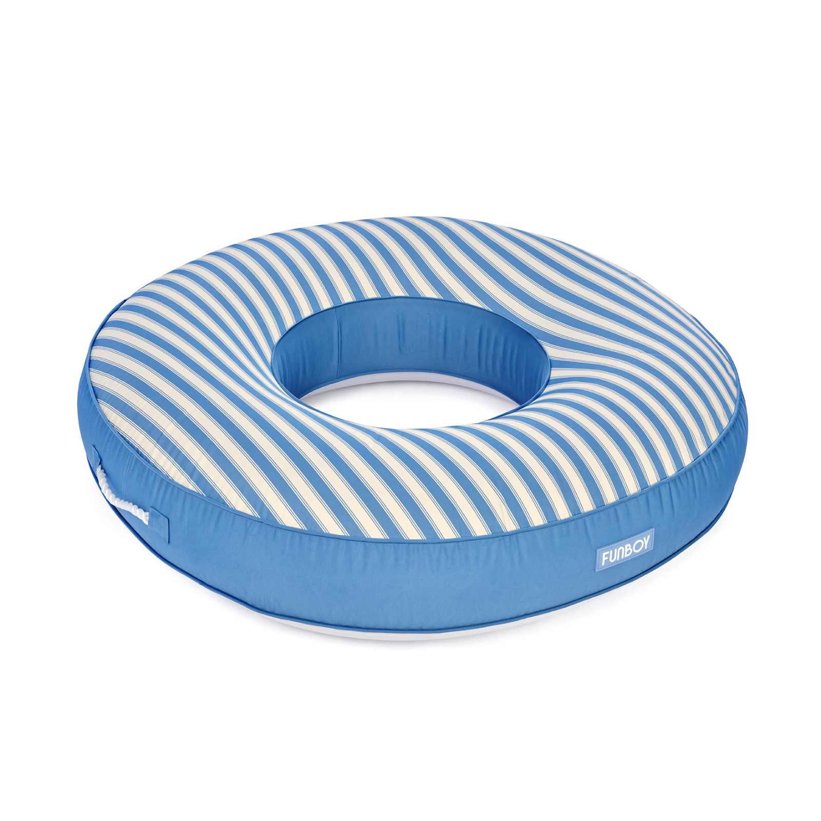 Blue and white striped fabric inflatable ring pool float on a white background