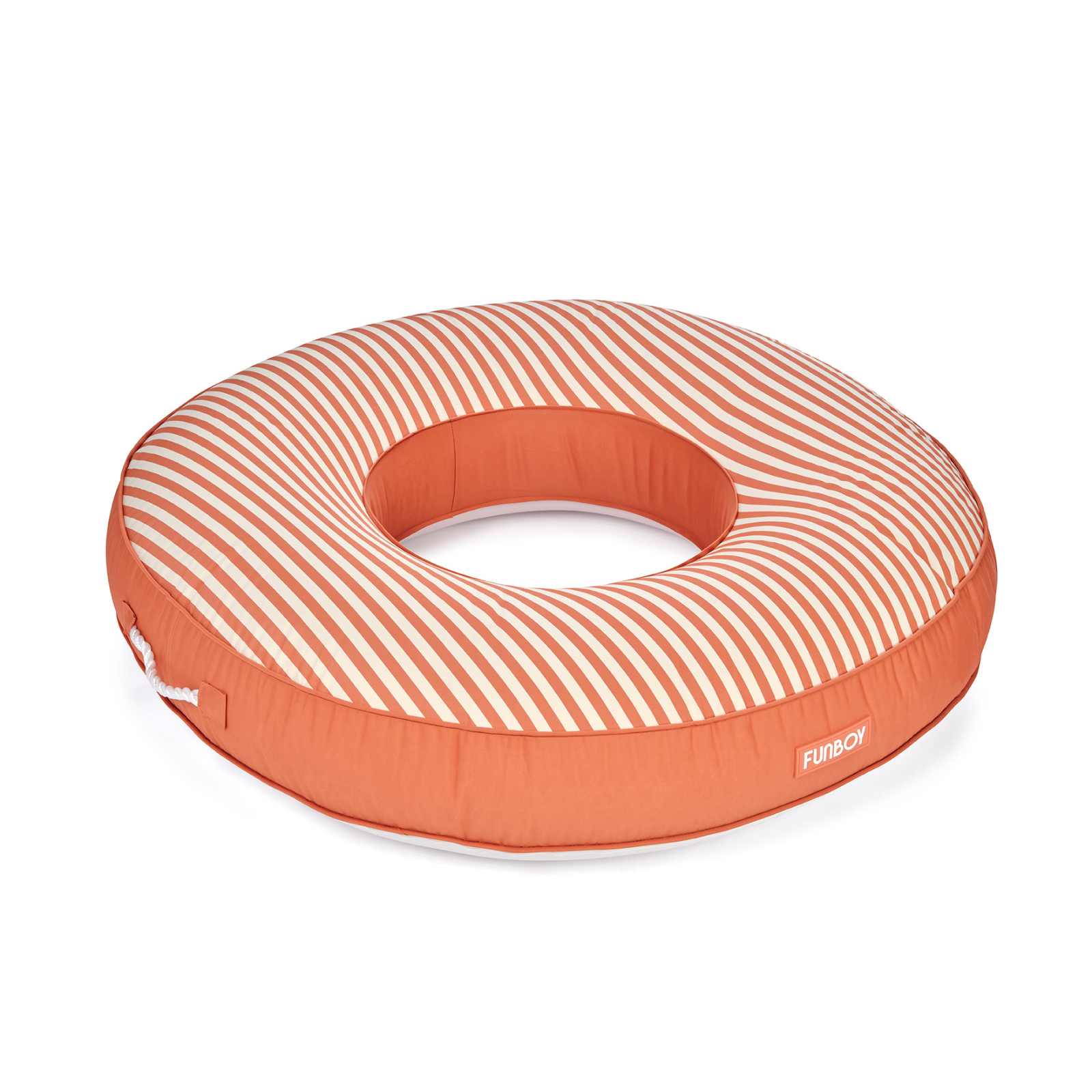 Round inflatable pool float with striped pattern on a white background
