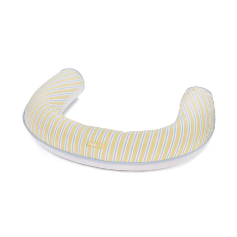 Yellow and blue striped noodle pool float on a white background