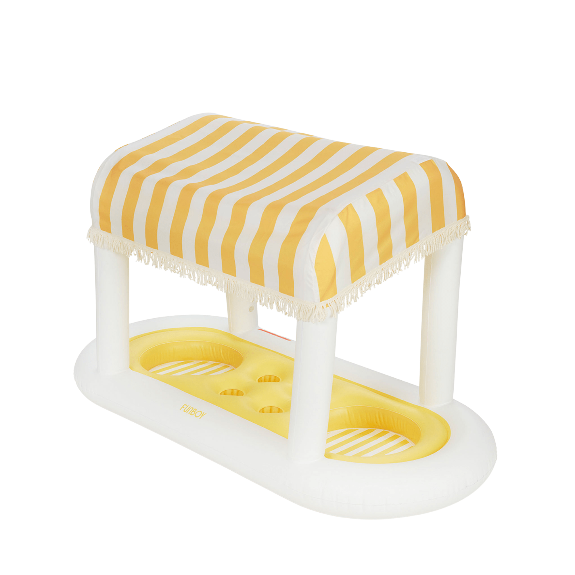 FUNBOY's inflatable floating cabana bar drink station with yellow and white striped canopy