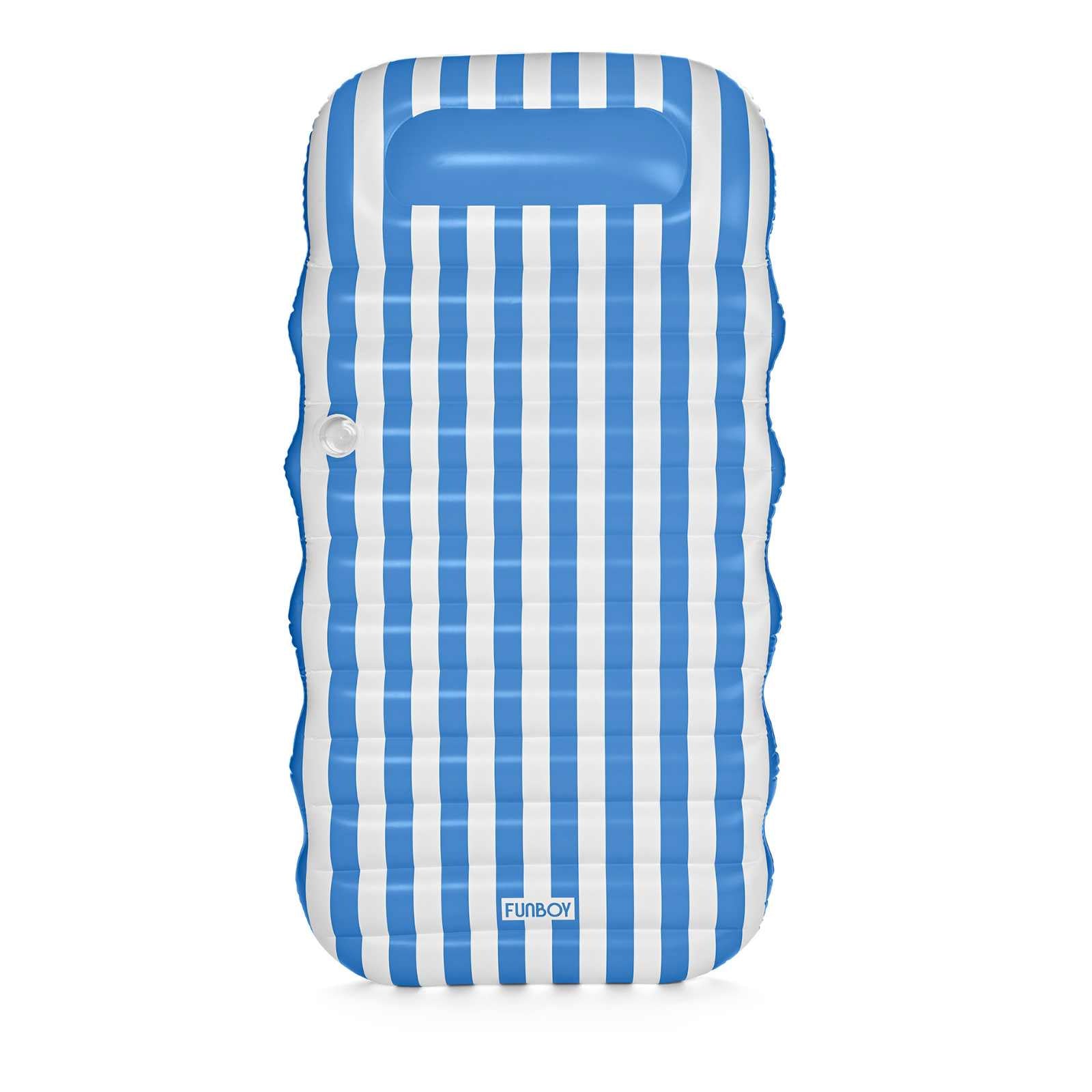 Blue and white striped inflatable mattress on a white background