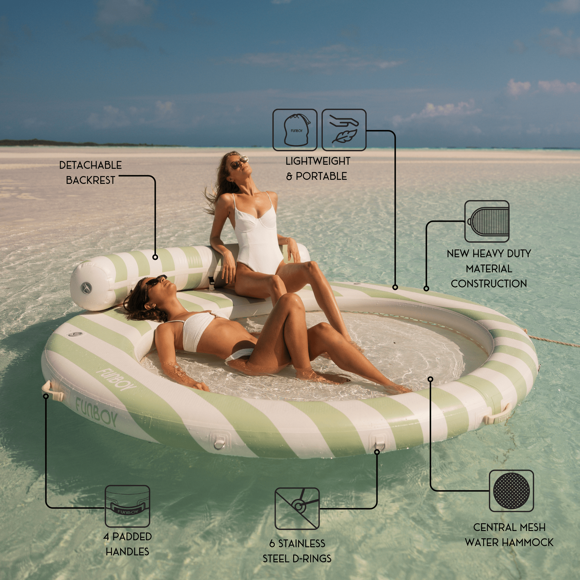 Heavy Duty Material Construction. Light Weight and Portable. Detachable Backrest. 6 stainless steel d rings. Central Mesh Water Hammock.