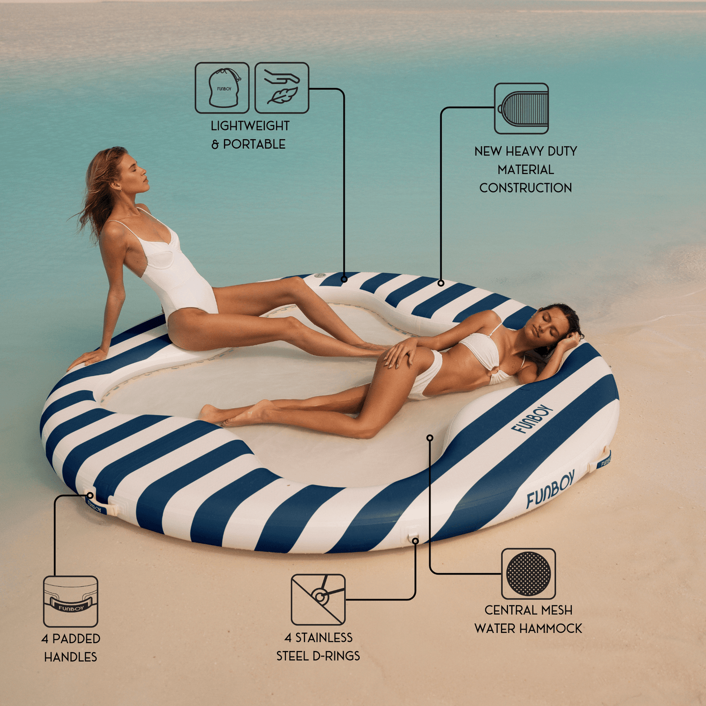 Inflatable Swim Platform - lightweight and portable. New Heavy Duty material construction. 4 padded handles. 4 stainless steel d-rings. Central mesh water hammock. 